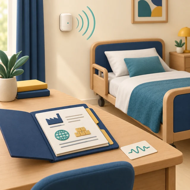 Radar sensor, care-room bed and supplier documents, shown as a concept illustration.