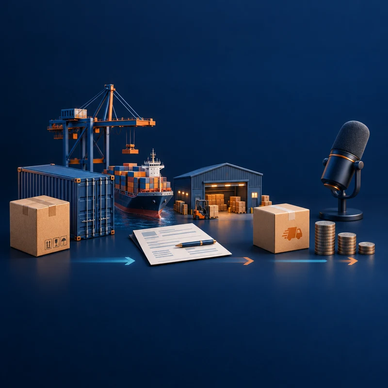 Cargo, delivery parcels and diminishing coin stacks illustrate landed costs reducing a sales margin.