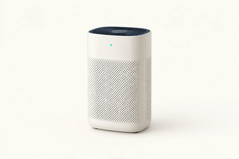 AI kavram çizimi; ürün fotoğrafı değil: HEPA-grade smart air purifiers with app monitoring (bedroom/medium-room size)