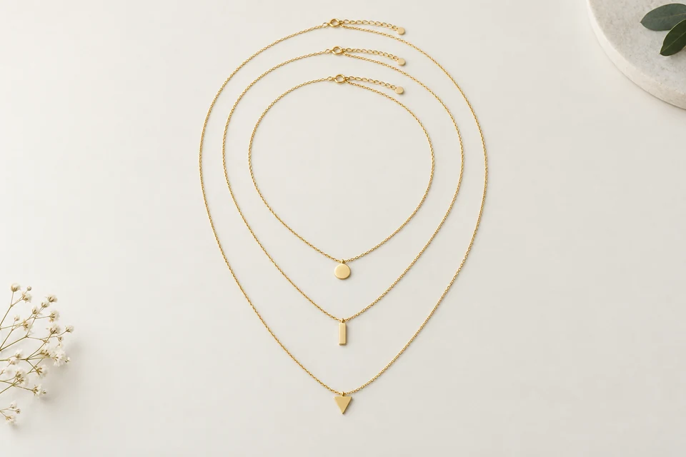 AI-generated concept illustration — not a product photograph: Layered necklace sets (2–3 piece coordinated stainless-steel or gold-plated sets)