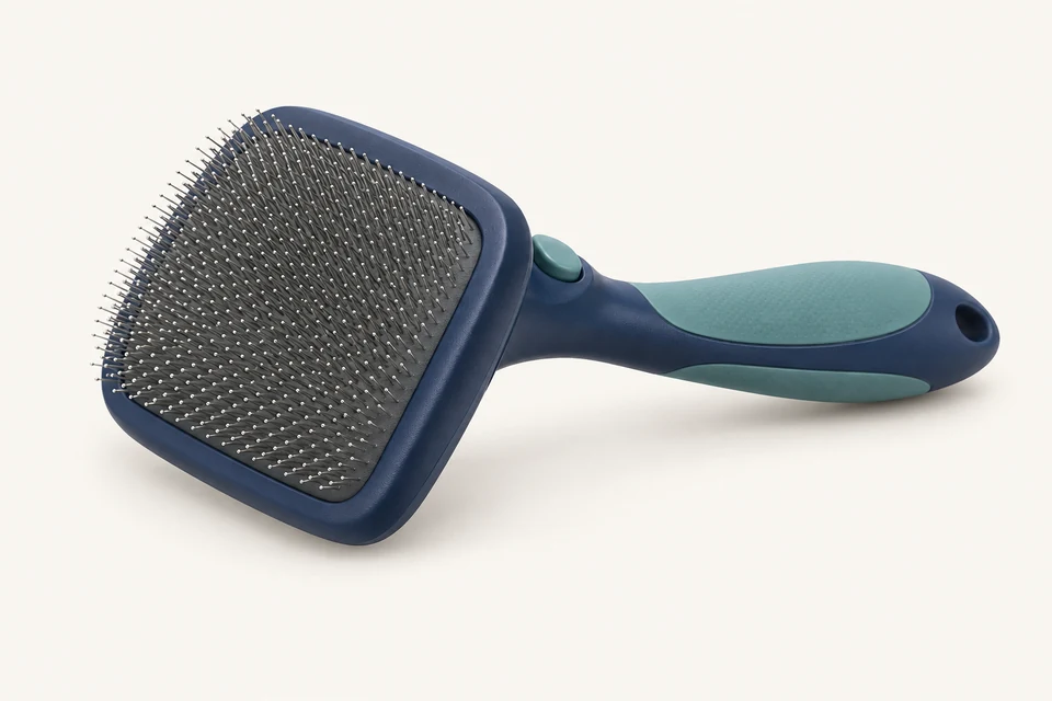 KI-Konzeptillustration, kein Produktfoto: Self-cleaning slicker brush for double-coated dogs (retractable-bristle head)