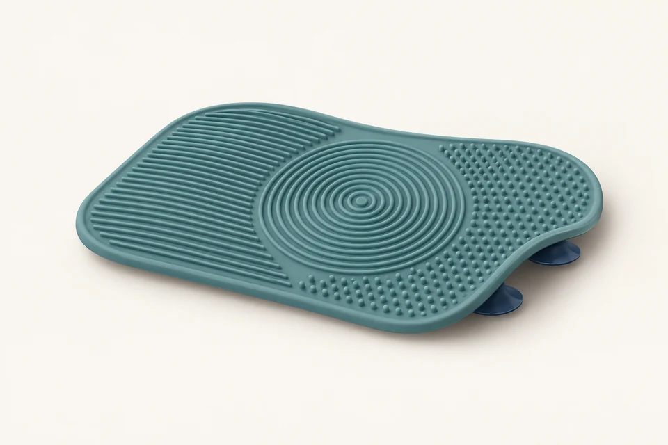 KI-Konzeptillustration, kein Produktfoto: Silicone makeup brush cleaning mats with suction base