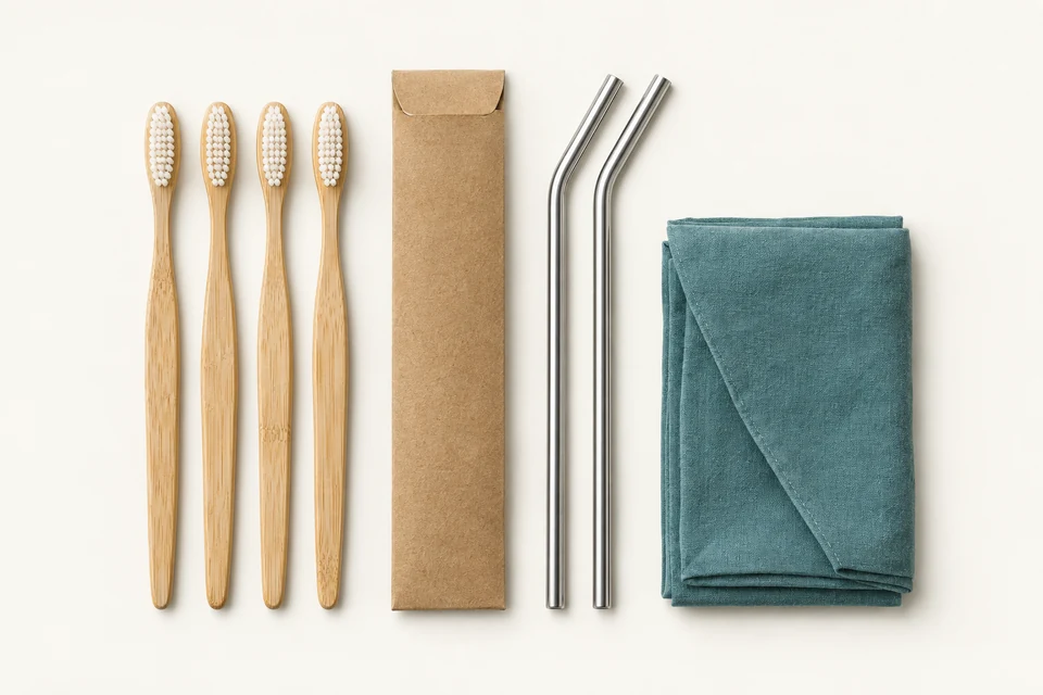 Eco-friendly reusable products (bamboo toothbrushes, stainless-steel straws, beeswax wraps) — United Kingdom — AI-generated product illustration