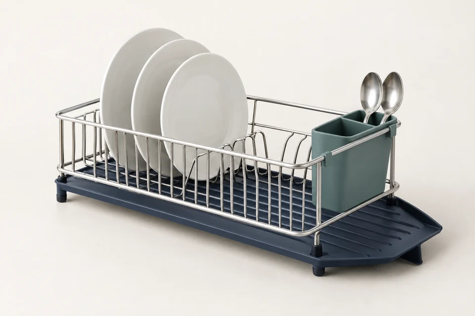 Knife  Ceramic knife  Grater  Peeler  Dish rack  Wine rack  Fruit basket  Cutlery  Shower caddy  Dust bin  Brush holder  Paper holder  Towel rack  Cloth dryer  Folding wagon  Shoe rack  Glass soap dis — Italy — AI-generated product illustration