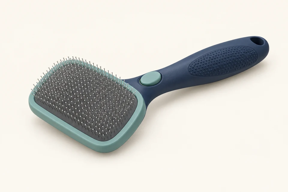 Self-cleaning slicker brush for double-coated dogs (retractable-bristle head) — United Kingdom — AI-generated product illustration