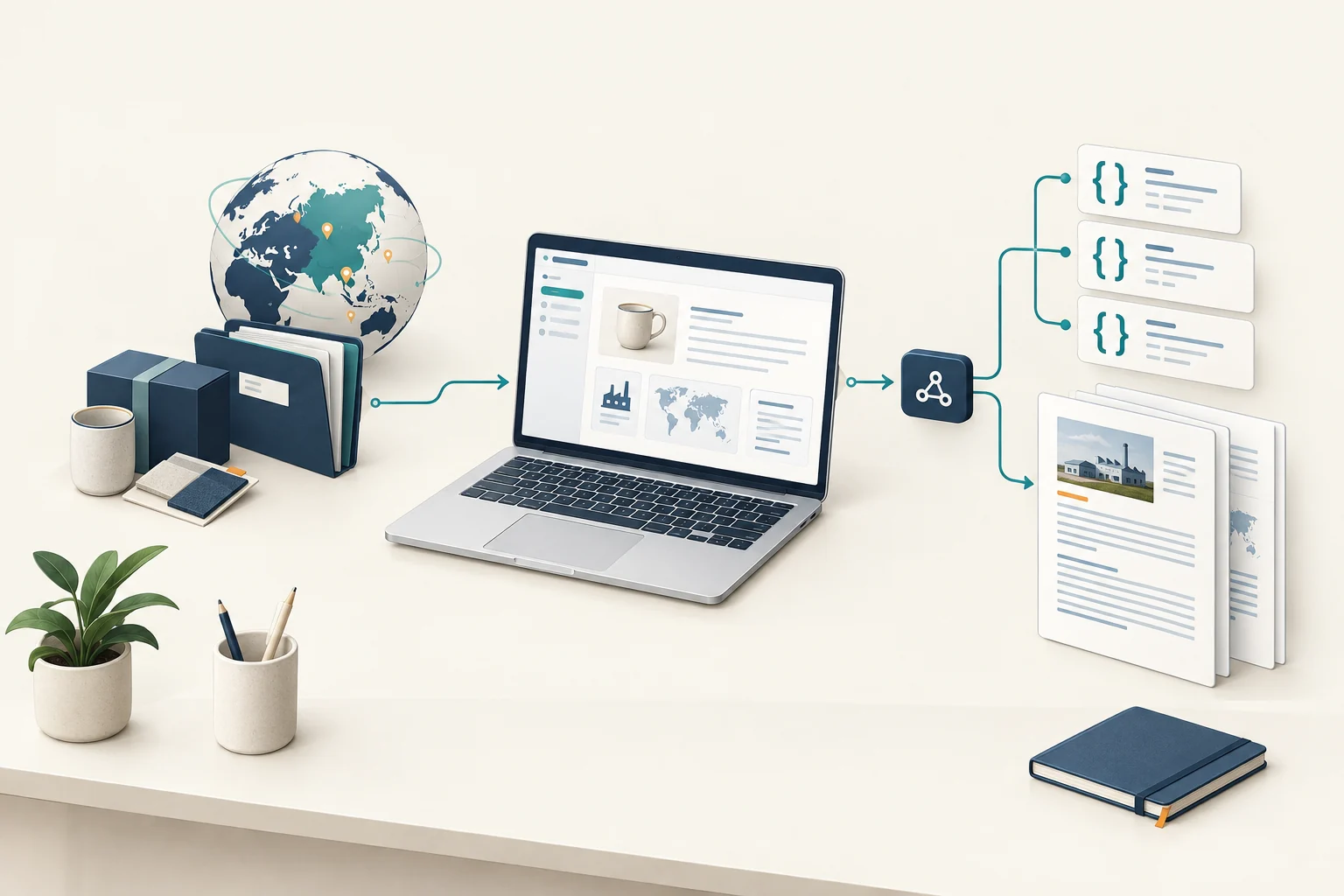Conceptual illustration of a software workspace connecting product and company inputs to structured data and research documents.