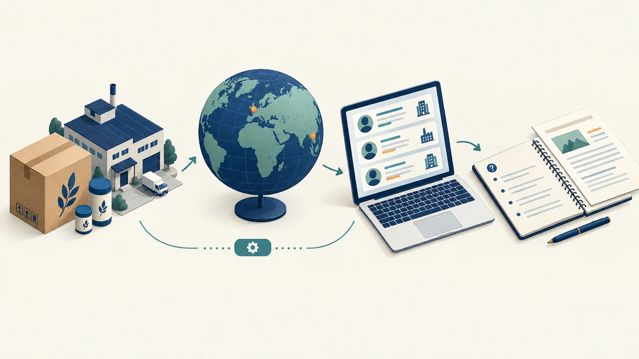 Conceptual export-research workspace with a manufacturer, globe, potential-buyer profiles and meeting notes.