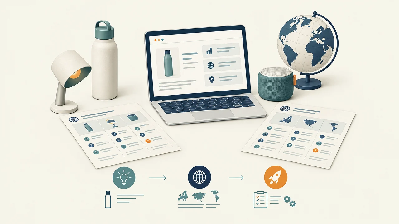 Conceptual product-research workspace with product ideas, a globe and destination-market comparison sheets.