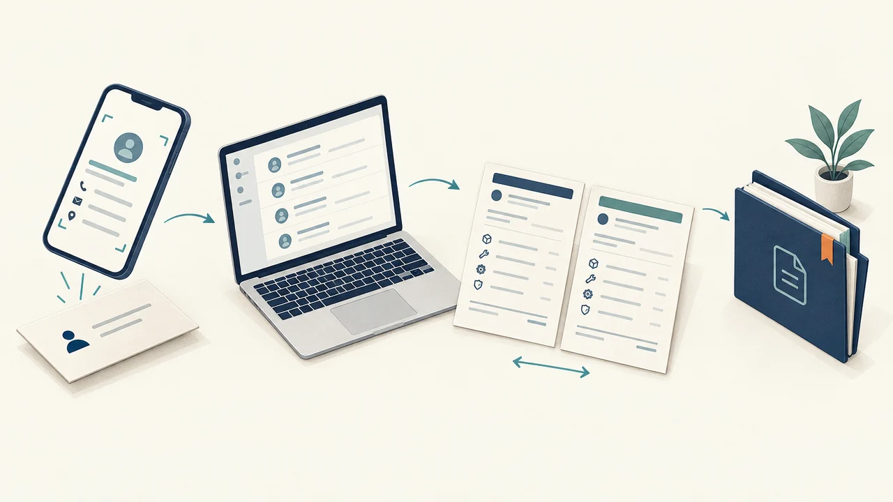Conceptual sourcing workspace linking business-card capture, quotation comparison and saved documents.