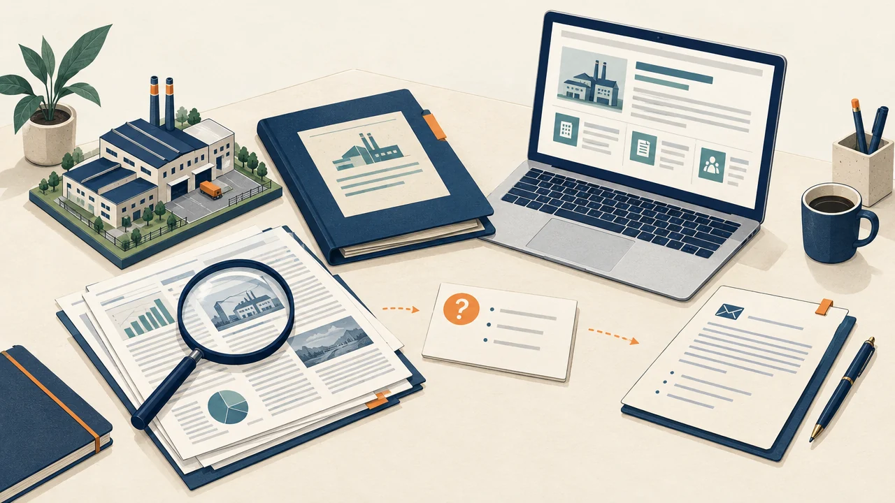 Conceptual supplier-review desk with a factory model, public-source research papers, questions and a follow-up draft.