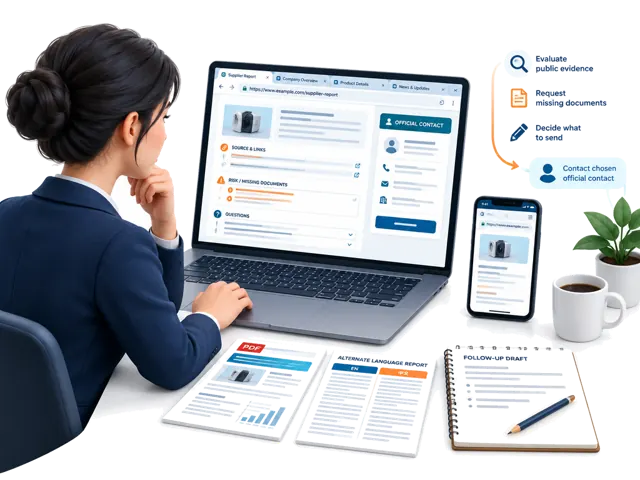 Ilustración conceptual de un comprador revisando investigación vinculada a fuentes de otra empresa en un navegador web, identificando preguntas sin responder, revisando un PDF y traducción, y preparando un seguimiento editable a un contacto oficial elegido.