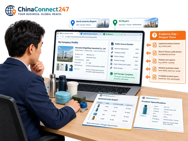 Conceptual illustration of a supplier researching their own company in a web browser, reviewing public findings and missing evidence, preparing documents and quotations, and organizing distinct destination-market workspaces.