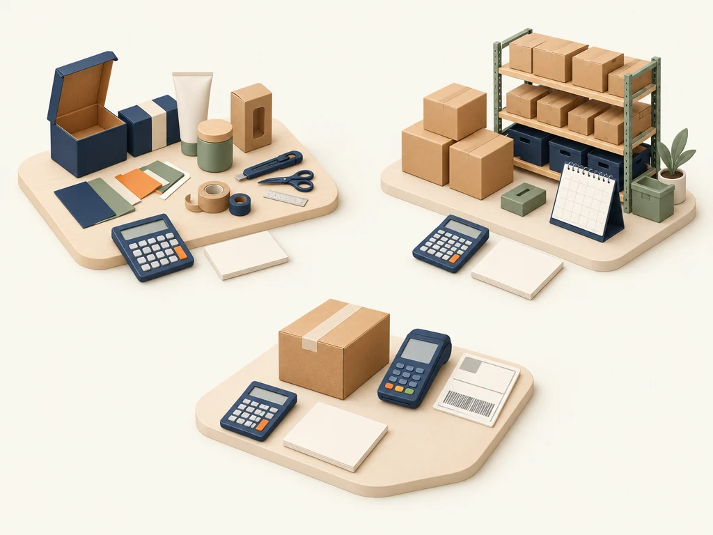 Conceptual illustration separating samples and packaging, ongoing stock and storage, and the cost of a customer parcel.