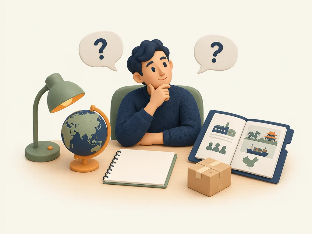 A fictional buyer considers sourcing, budget, timing and next-step questions.