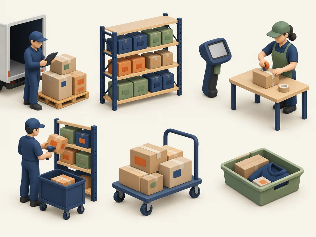 Conceptual independent receiving, stock, packing, dispatch and returns.