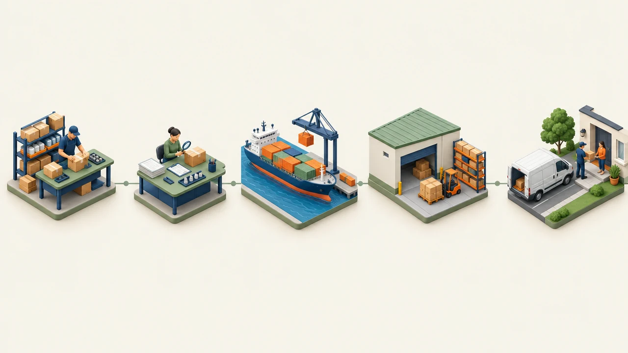 Conceptual supplier-to-checks-to-shipment-to-local-warehouse-to-customer journey using independent providers.