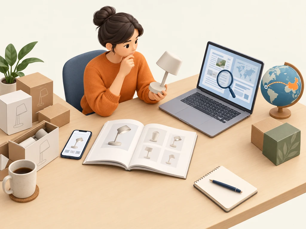 Conceptual illustration of a buyer comparing a product sample, catalogue and online research before spending money.