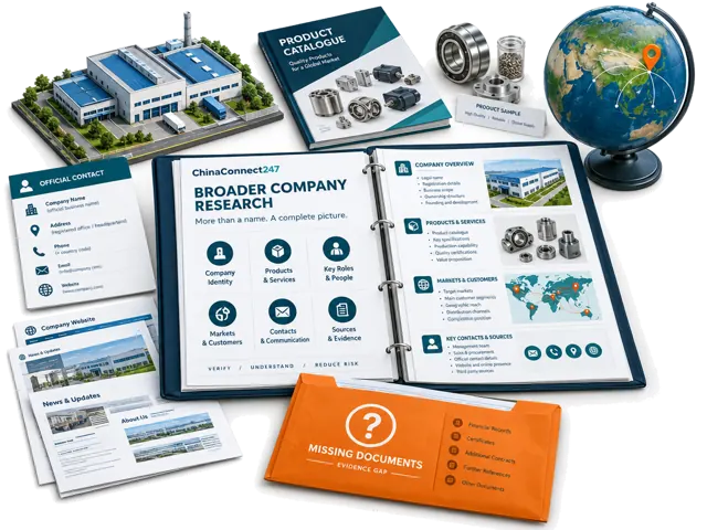 Company Research brings together identity, products, roles, export-market signals, official contacts, public sources and unresolved evidence gaps.