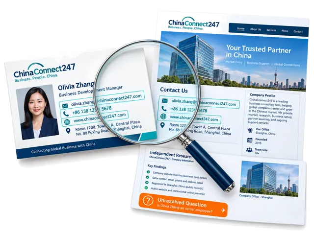 Add a supplier card to compare the contact name, role, email, phone, website, address and company details with wider public research.