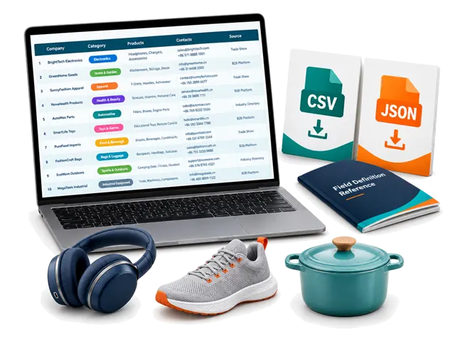 Preview ten public supplier records, categories, product details, contacts and source references in CSV or JSON, with field definitions for review.