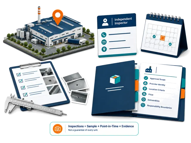 Conceptual illustration of separately approved factory-visit and inspection providers, timing, criteria and evidence. Inspections sample an order at a point in time rather than guaranteeing every unit.