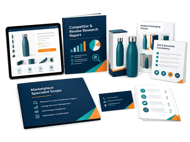 Conceptual illustration of product, competitor, packaging and document-consistency research. Marketplace account, listing and advertising work needs a separately approved specialist scope.