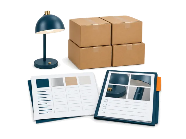 Conceptual illustration of one reference sample compared with bulk-order cartons, written specifications and inspection criteria. An acceptable sample does not prove the quality of the bulk order.