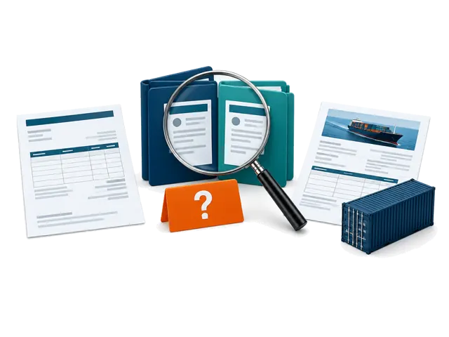 Conceptual illustration comparing contracting, invoice and beneficiary identities and freight responsibilities. These checks are decision support, not escrow, payment protection or importer services.