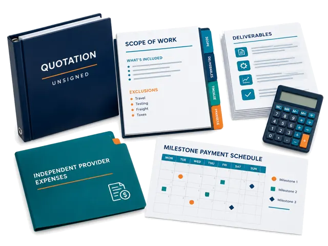 Conceptual illustration of an unsigned written scope and quotation identifying deliverables, payment milestones, independent-provider charges and exclusions.