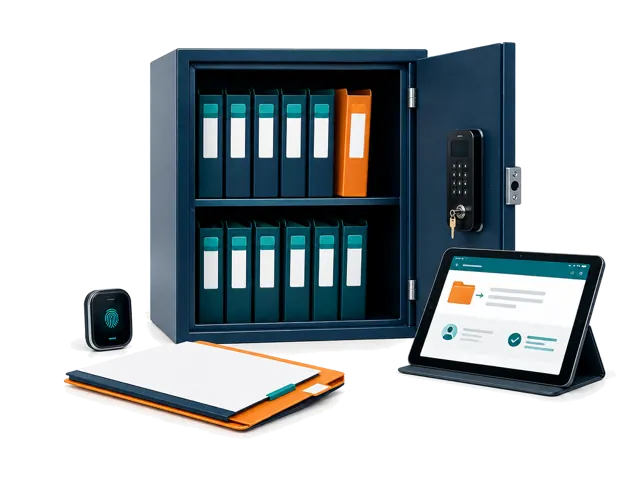 Conceptual illustration of authenticated owner records, original evidence and limited task-specific sharing with an approved provider. It does not imply absolute online security.