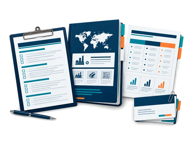 Conceptual illustration of buyer requirements, company and product research, evidence organization, records, comparisons and coordination provided directly.