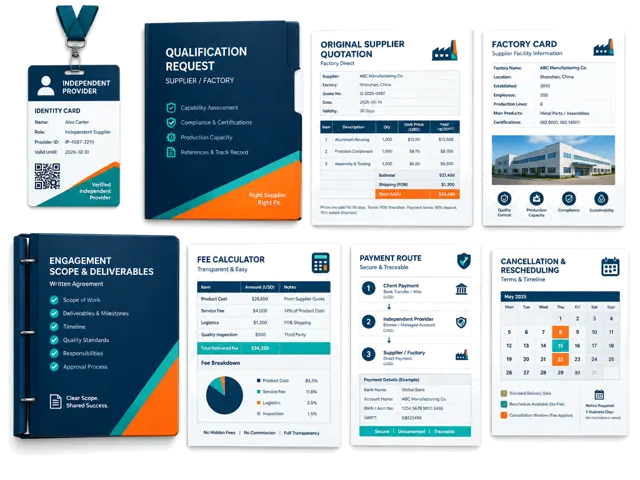 Conceptual illustration of provider identity, original quotations, qualifications, deliverables, disclosed fees, payment route and cancellation terms reviewed before approval.