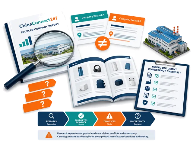 Conceptual illustration of sourced company findings, conflicting records and unresolved questions. Research organizes evidence and does not guarantee supplier safety or authenticate certificates.