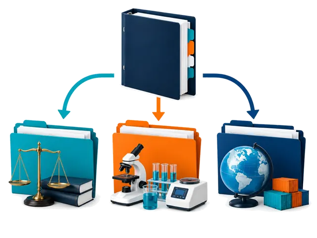 Conceptual illustration of evidence and questions referred to independent legal, intellectual-property, laboratory and regulatory professionals qualified for the product and jurisdiction.