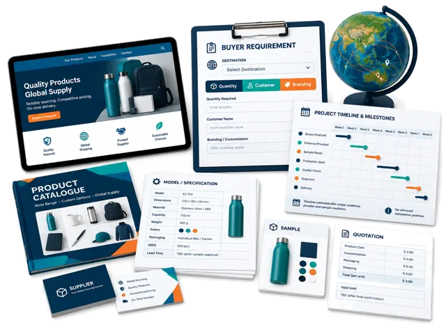 Conceptual illustration of supplier and product materials, destination and buyer requirements used to estimate work after reviewing evidence, scope and provider availability.