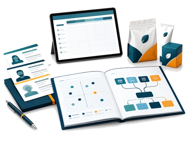 Agency buyer-persona cards, product packaging and positioning research.