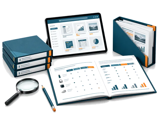 Consultant reference folders and a client market comparison report.
