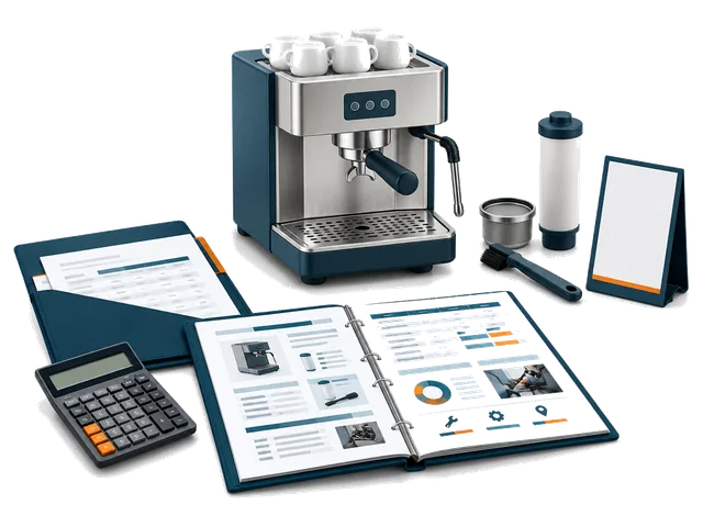 Hospitality coffee equipment, spare filter and running-cost research folder.