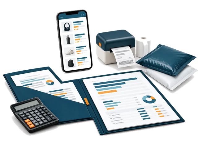Marketplace listings, parcel mailers and a seller cost research folder.