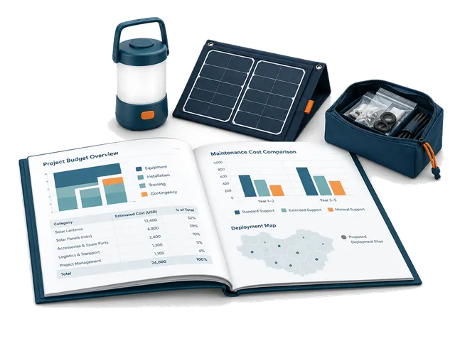 Project solar lantern, spare-parts pouch and procurement budget research.