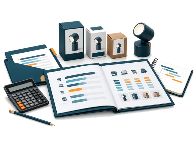 Startup sample products, a pilot-planning notebook and market research folder.