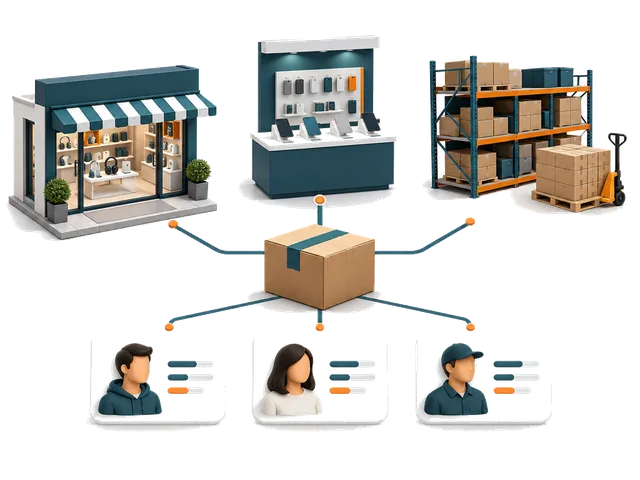 Retail, online and warehouse routes linked to buyer profiles.