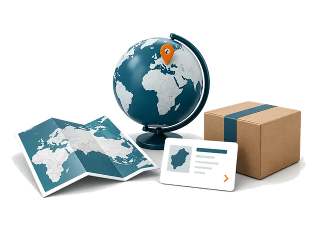 ایک منزل پن کے ساتھ گلوب، نقشہ اور مصنوعات کا پارسل۔