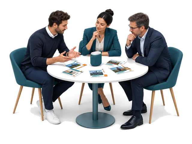 Three professionals reviewing a product prototype and market scenarios.