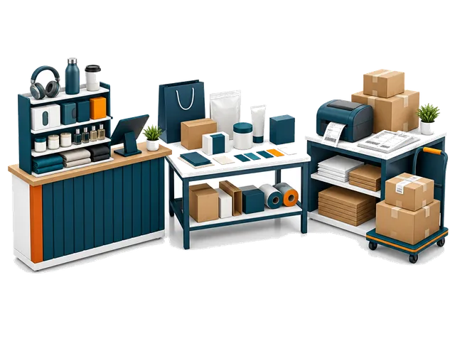 Retail counter, private-label packaging station and parcel dispatch stand.