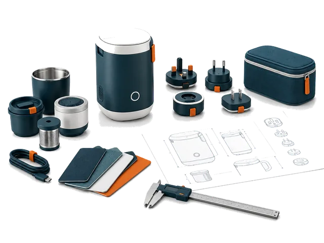 Product prototype, plug options, measuring tool and specification drawing.