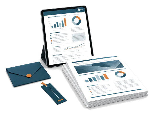 تحقیقی دستاویز، پرنٹ شدہ رپورٹ اور لفافہ دکھانے والی ٹیبلٹ۔