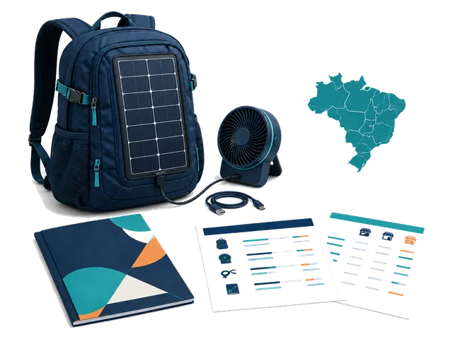 Sac à dos panneau solaire et ventilateur détachable avec documents de recherche de marché pour le Brésil.