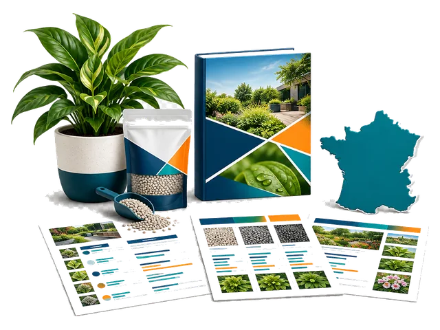 Indoor plant and fertiliser granules with France market research documents.