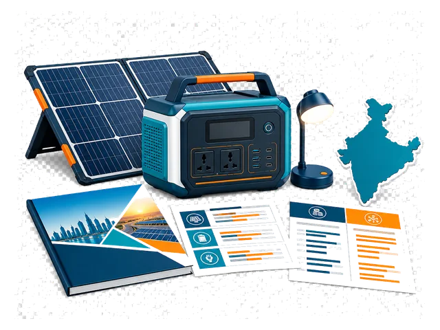 Station d'alimentation portable et panneau solaire avec documents de recherche de marché pour l'Inde.